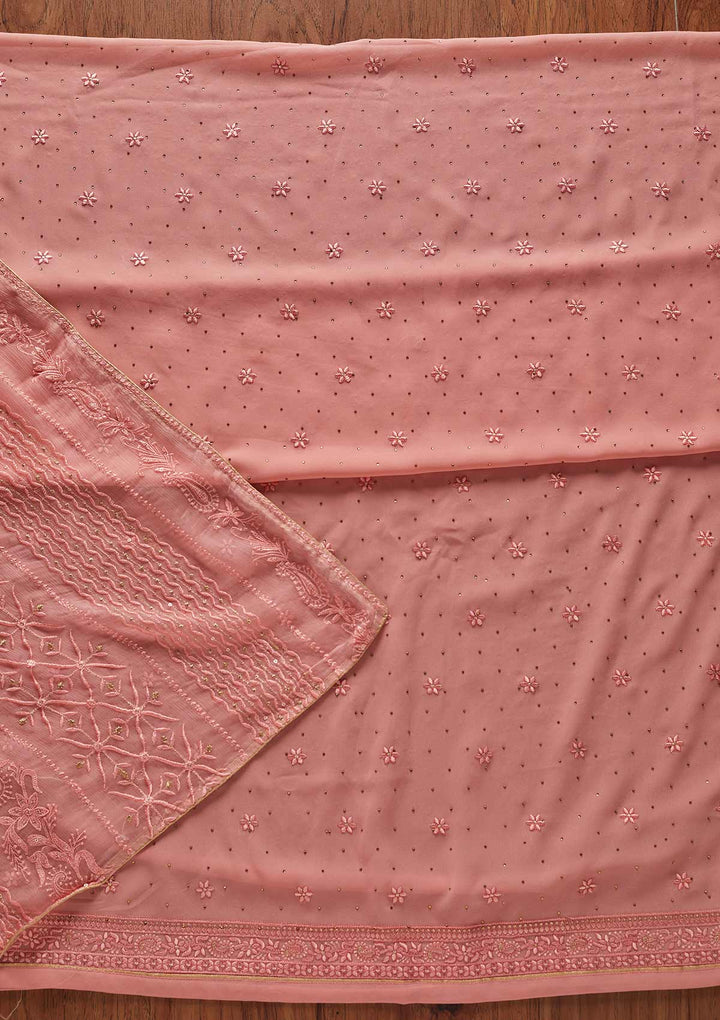 Pink Threadwork Georgette Designer Unstitched Salwar Suit - koskii