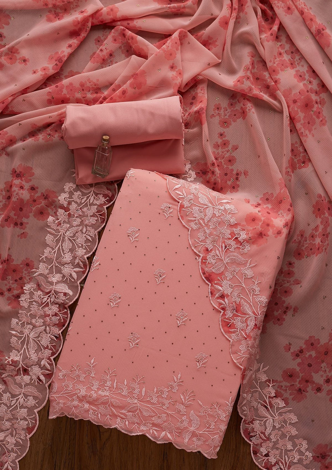 Pink Threadwork Georgette Designer Unstitched Salwar Suit - koskii