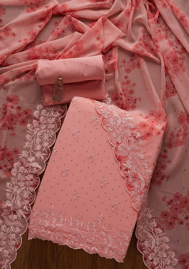 Pink Threadwork Georgette Designer Unstitched Salwar Suit - koskii