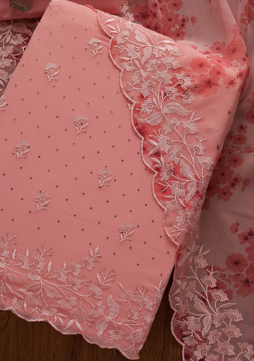 Pink Threadwork Georgette Designer Unstitched Salwar Suit - koskii