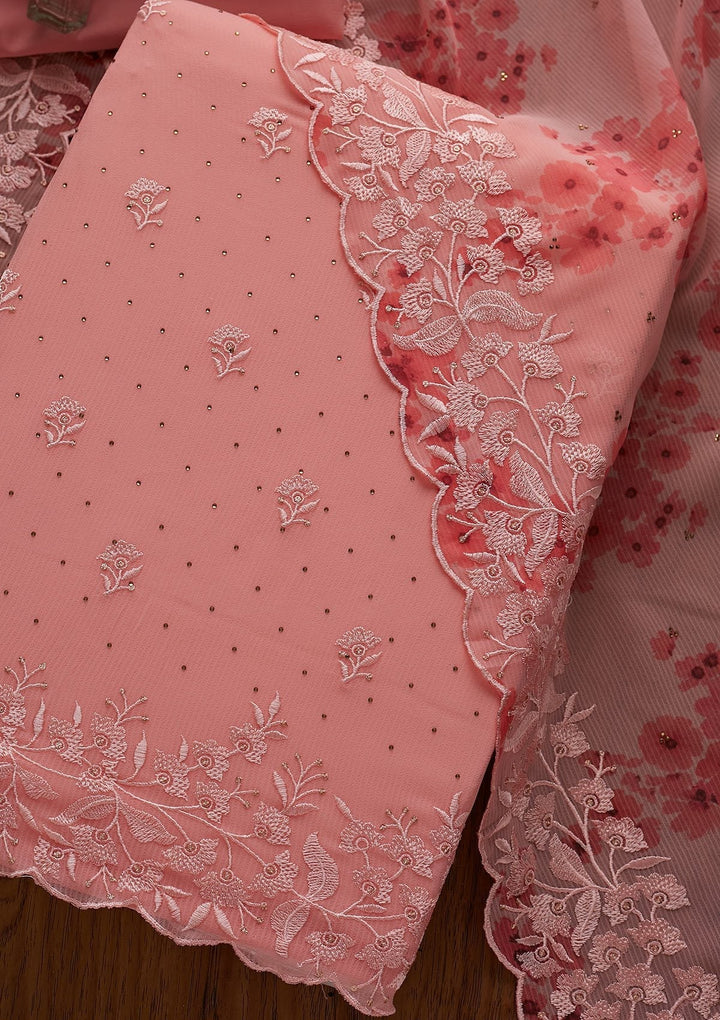 Pink Threadwork Georgette Designer Unstitched Salwar Suit - koskii