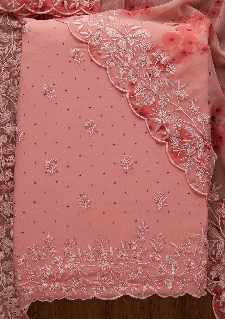 Pink Threadwork Georgette Designer Unstitched Salwar Suit - koskii