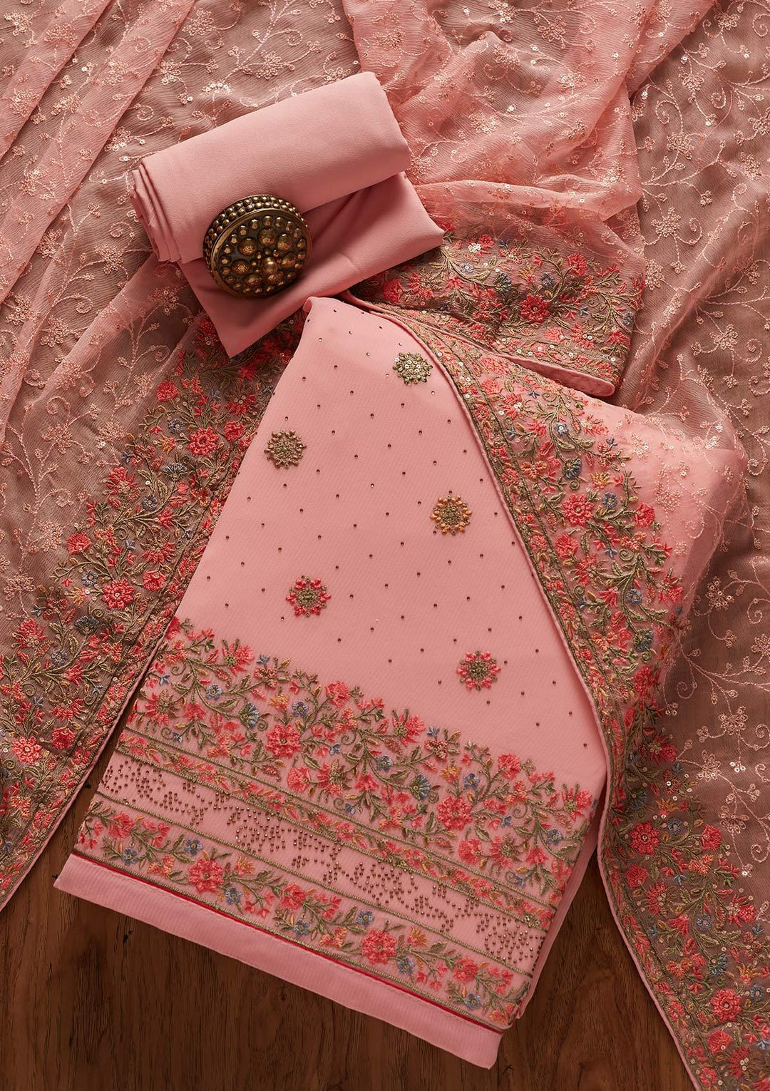 Pink Threadwork Georgette Designer Unstitched Salwar Suit - koskii