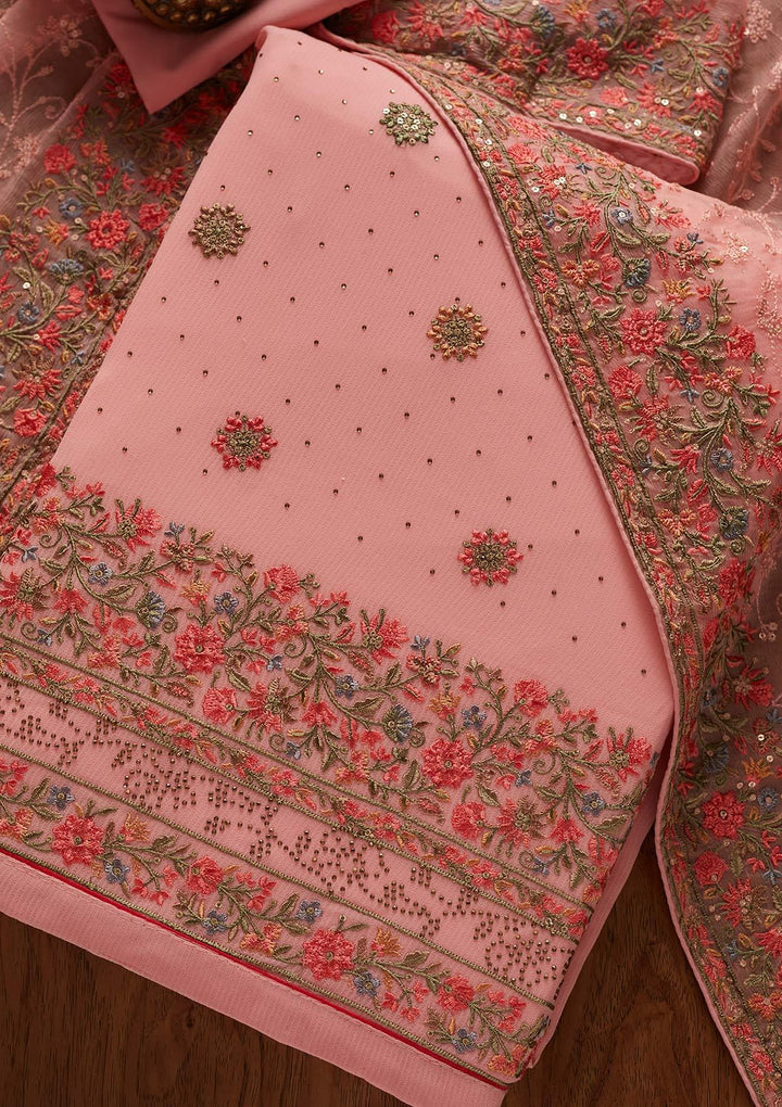 Pink Threadwork Georgette Designer Unstitched Salwar Suit - koskii