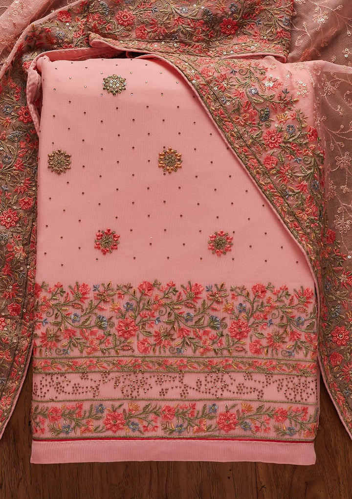 Pink Threadwork Georgette Designer Unstitched Salwar Suit - koskii