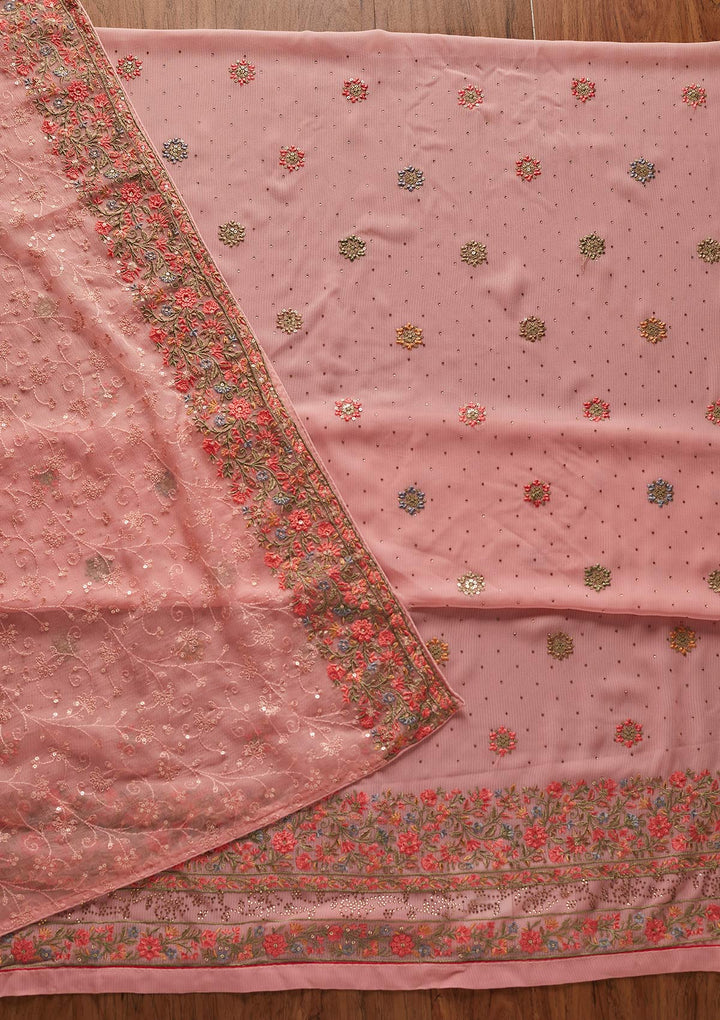 Pink Threadwork Georgette Designer Unstitched Salwar Suit - koskii