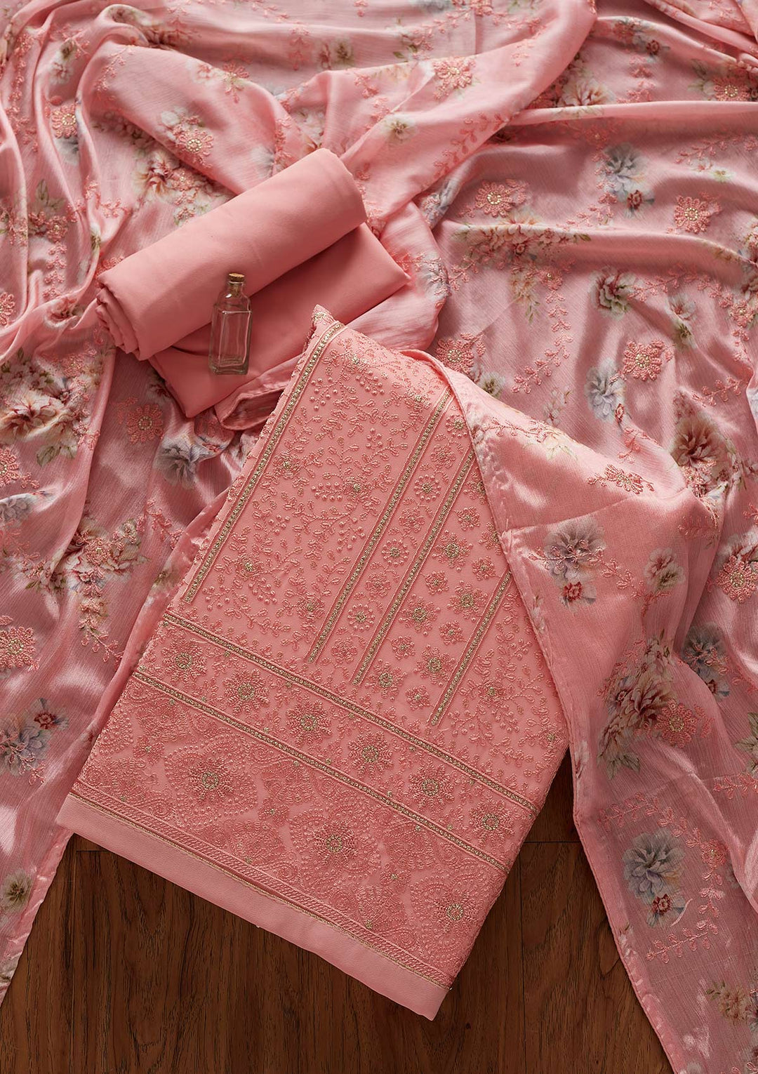Pink Threadwork Georgette Designer Unstitched Salwar Suit - koskii