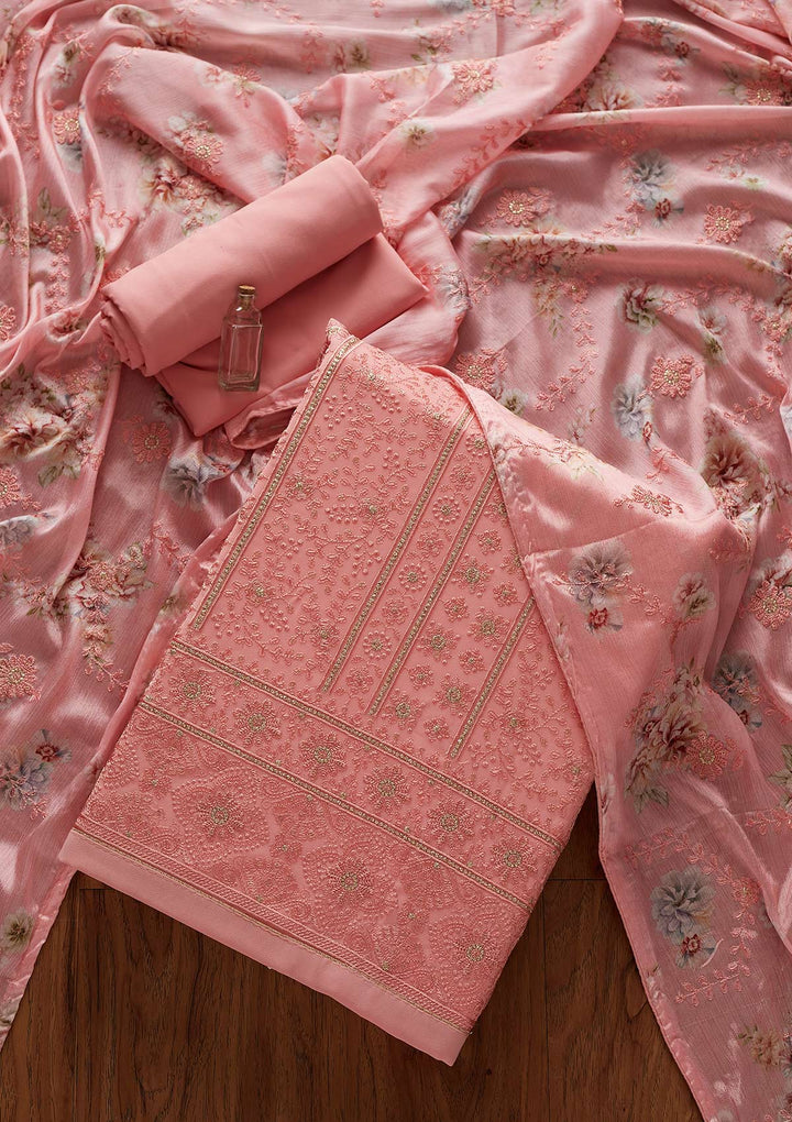 Pink Threadwork Georgette Designer Unstitched Salwar Suit - koskii