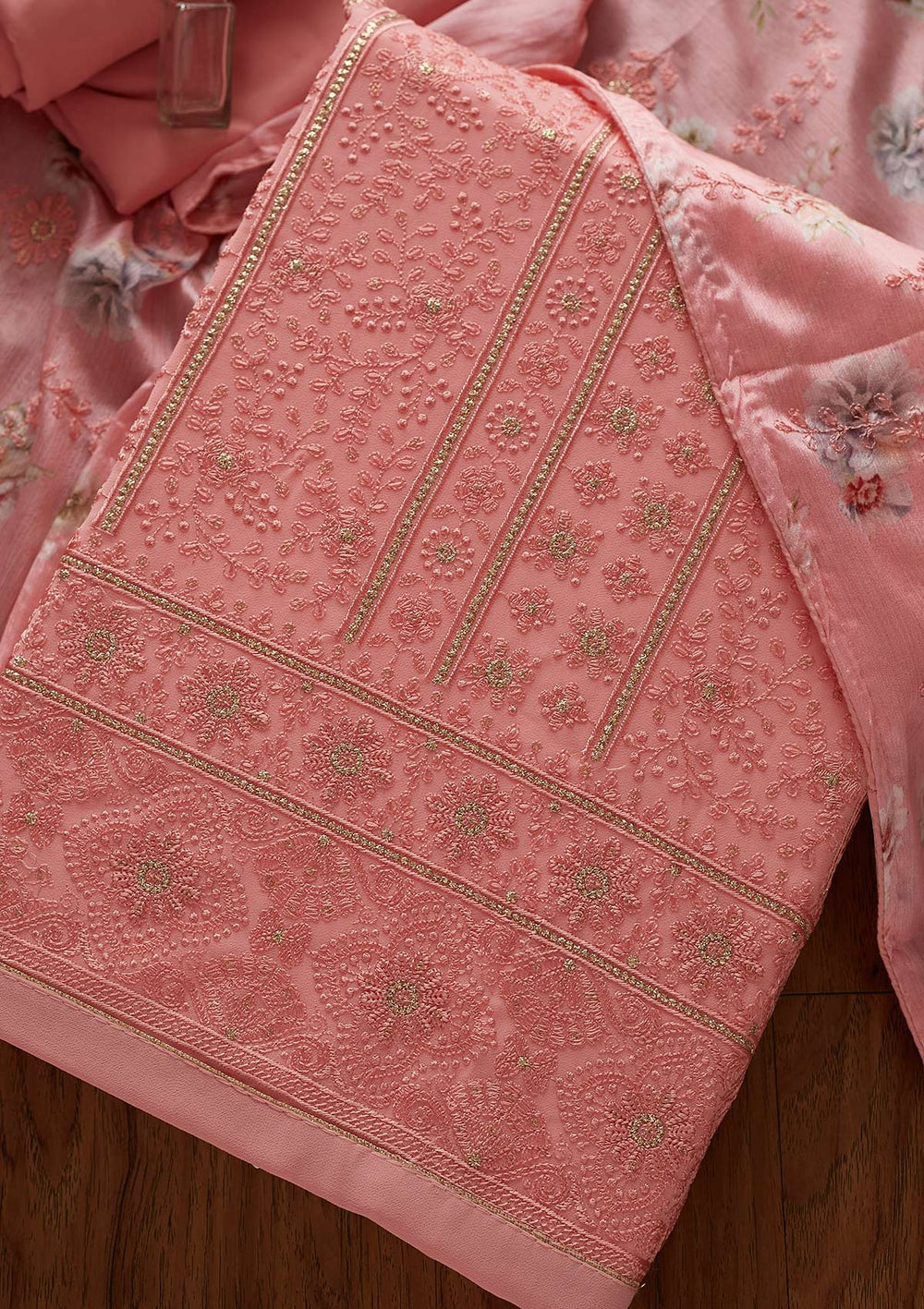 Pink Threadwork Georgette Designer Unstitched Salwar Suit - koskii