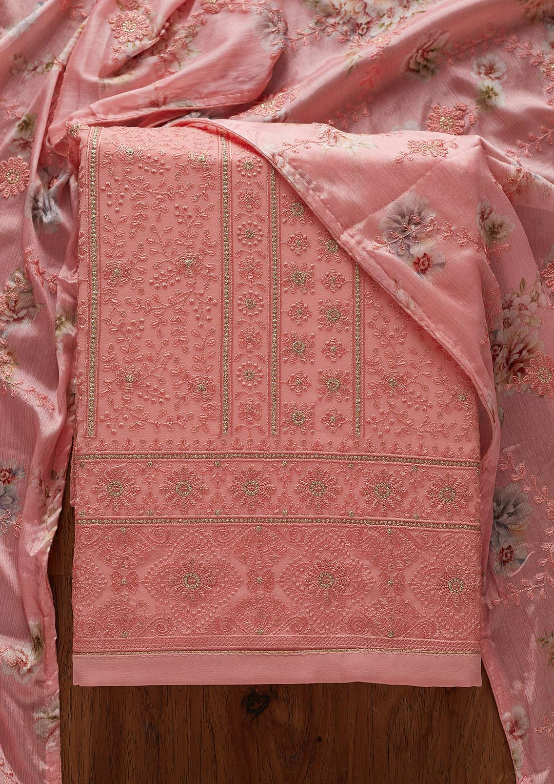 Pink Threadwork Georgette Designer Unstitched Salwar Suit - koskii