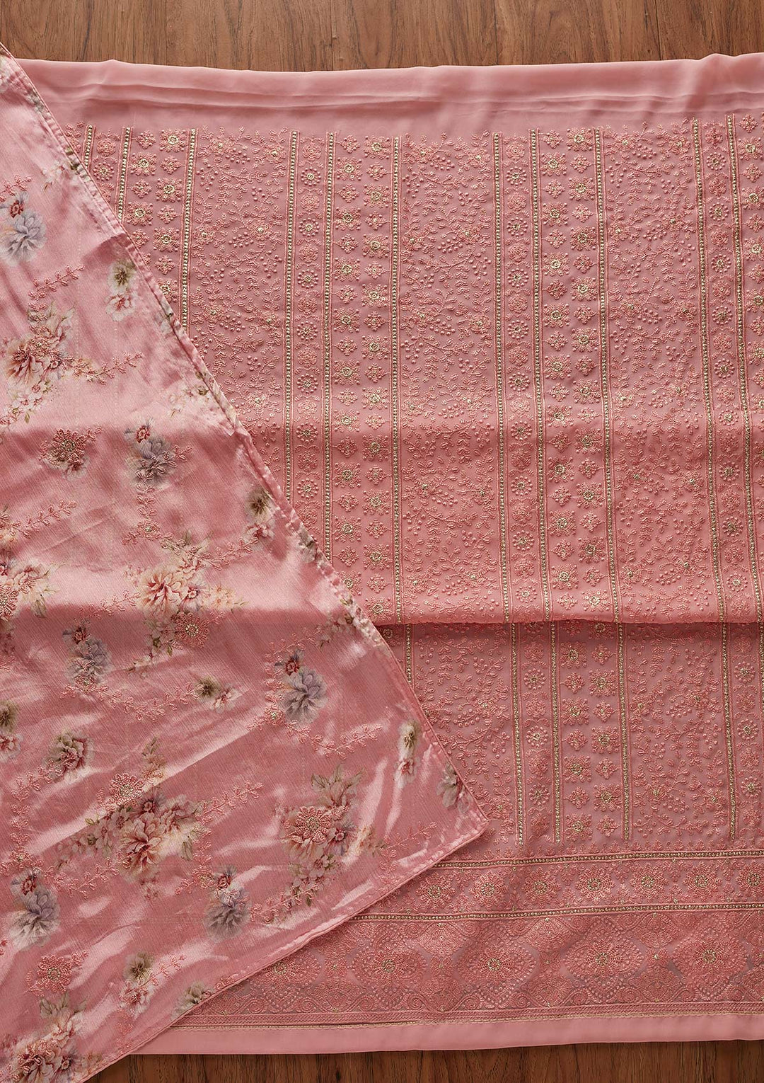 Pink Threadwork Georgette Designer Unstitched Salwar Suit - koskii