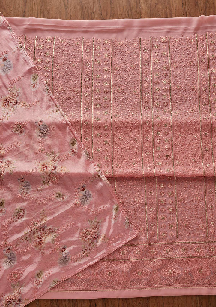 Pink Threadwork Georgette Designer Unstitched Salwar Suit - koskii