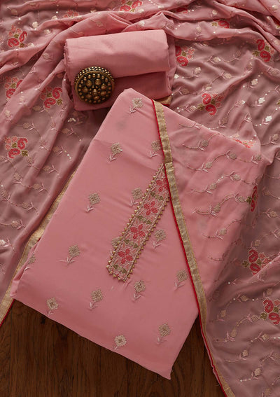 Pink Threadwork Georgette Designer Semi-Stitched Salwar Suit - Koskii
