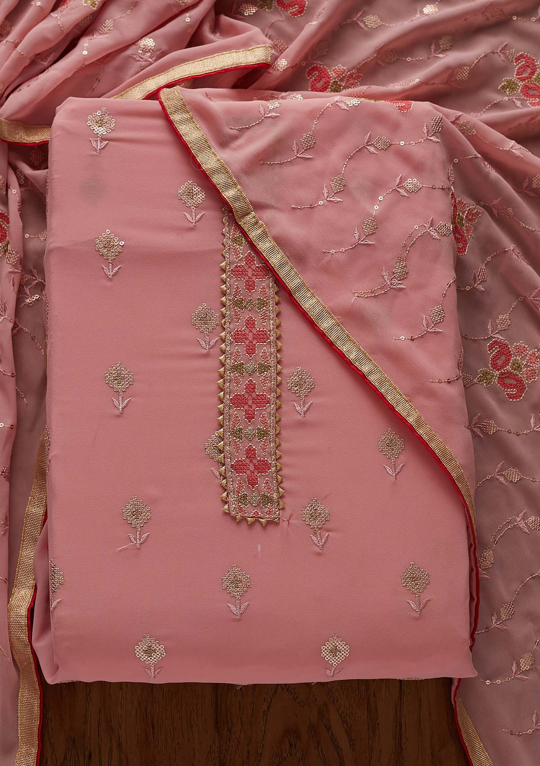 Pink Threadwork Georgette Designer Semi-Stitched Salwar Suit - Koskii