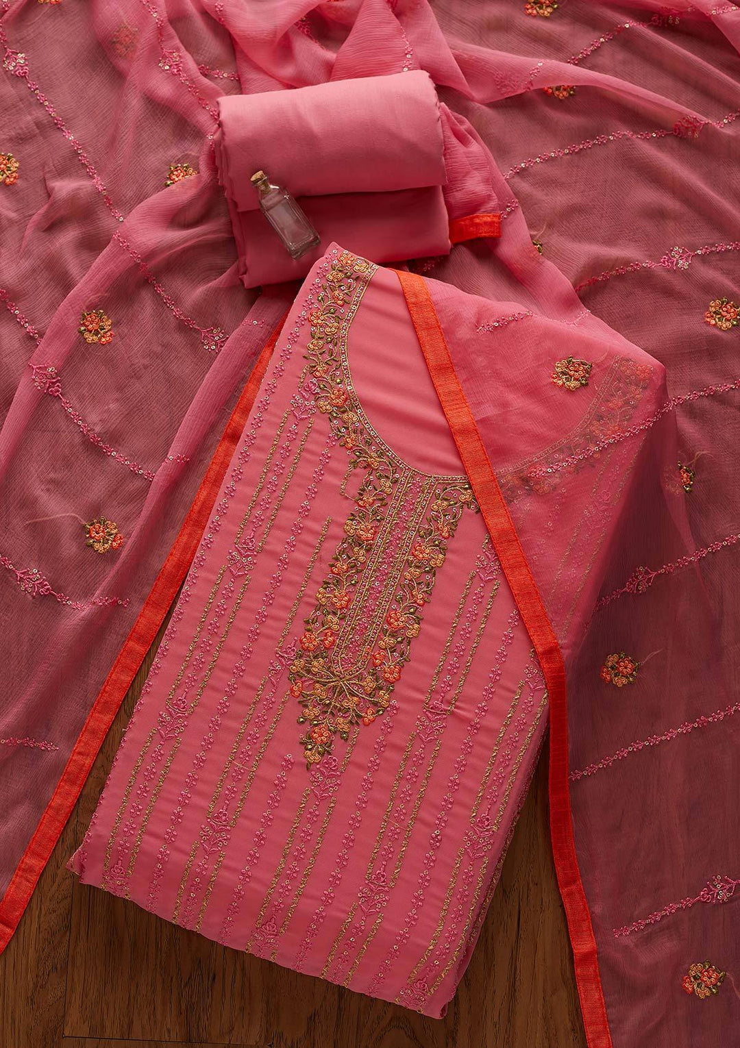 Pink Threadwork Georgette Designer Unstitched Salwar Suit - Koskii