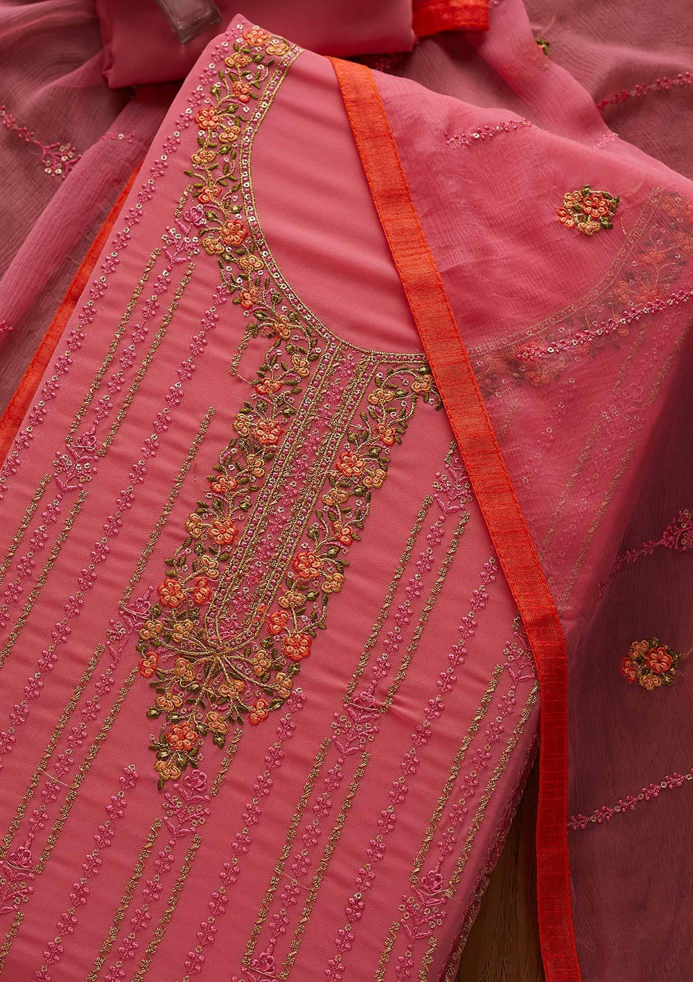 Pink Threadwork Georgette Designer Unstitched Salwar Suit - Koskii