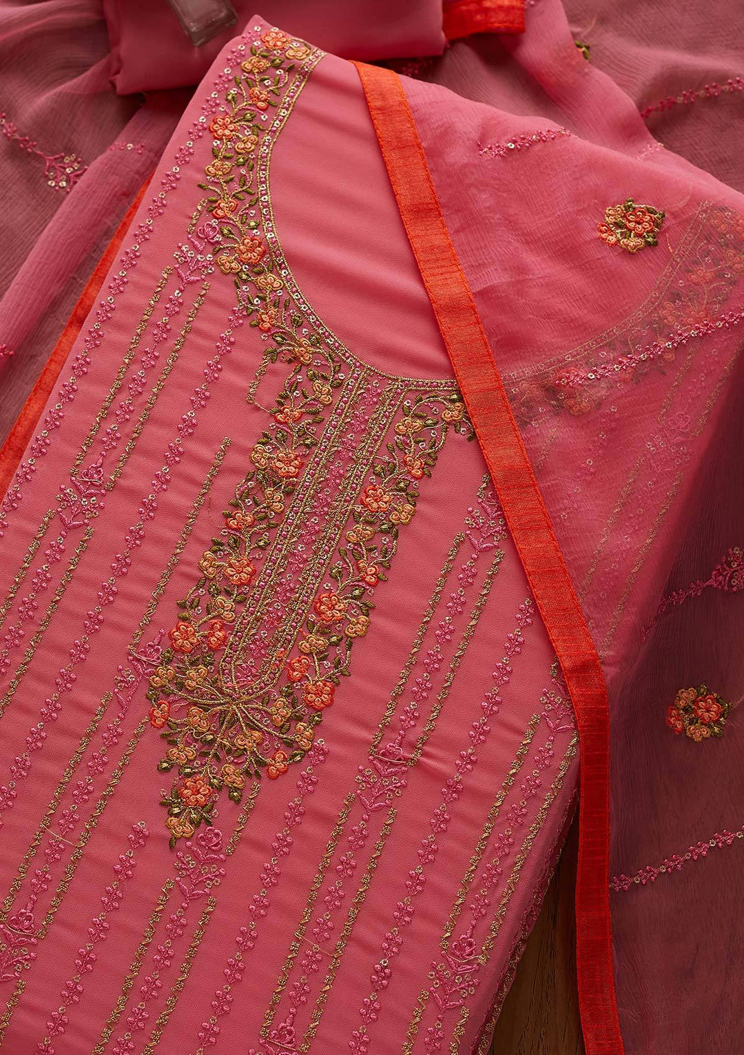 Pink Threadwork Georgette Designer Unstitched Salwar Suit - Koskii