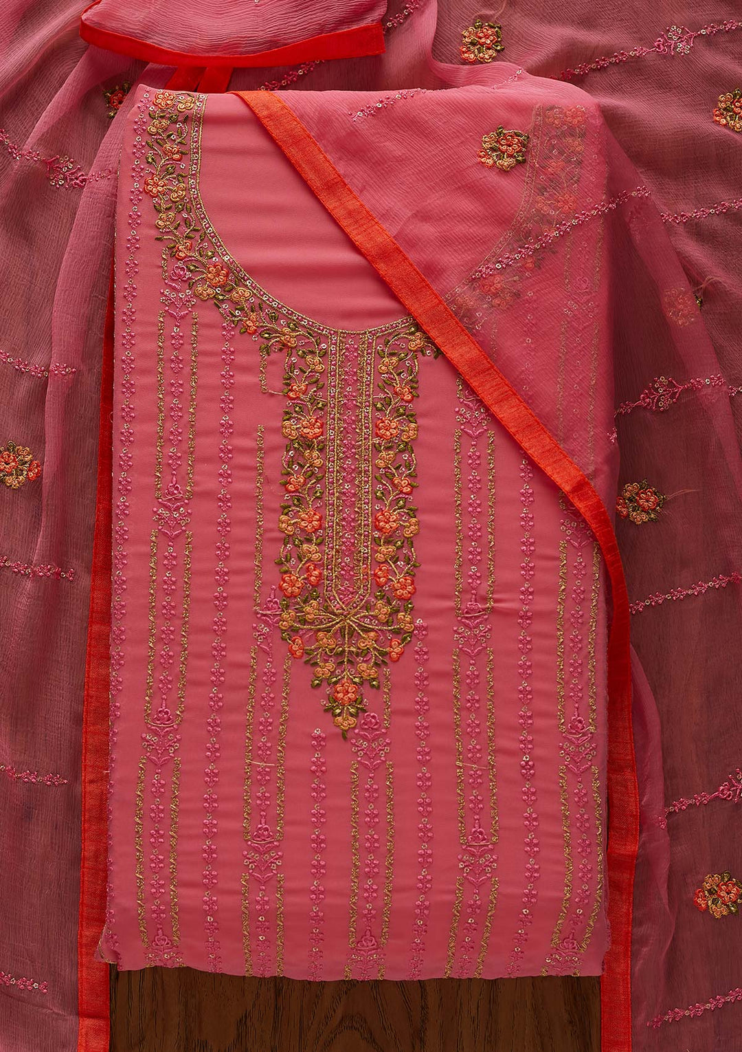 Pink Threadwork Georgette Designer Unstitched Salwar Suit - Koskii