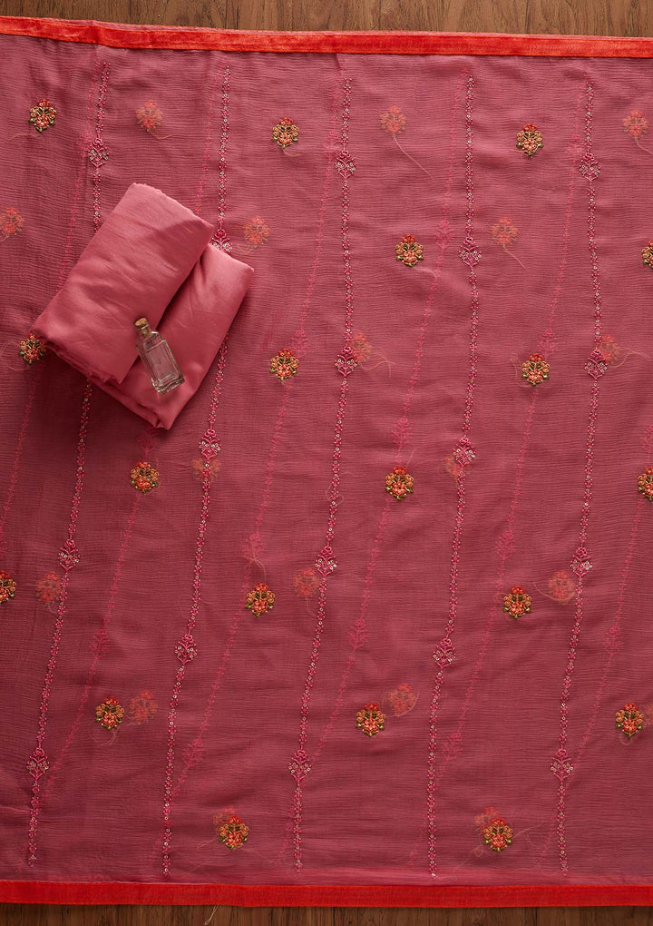 Pink Threadwork Georgette Designer Unstitched Salwar Suit - Koskii