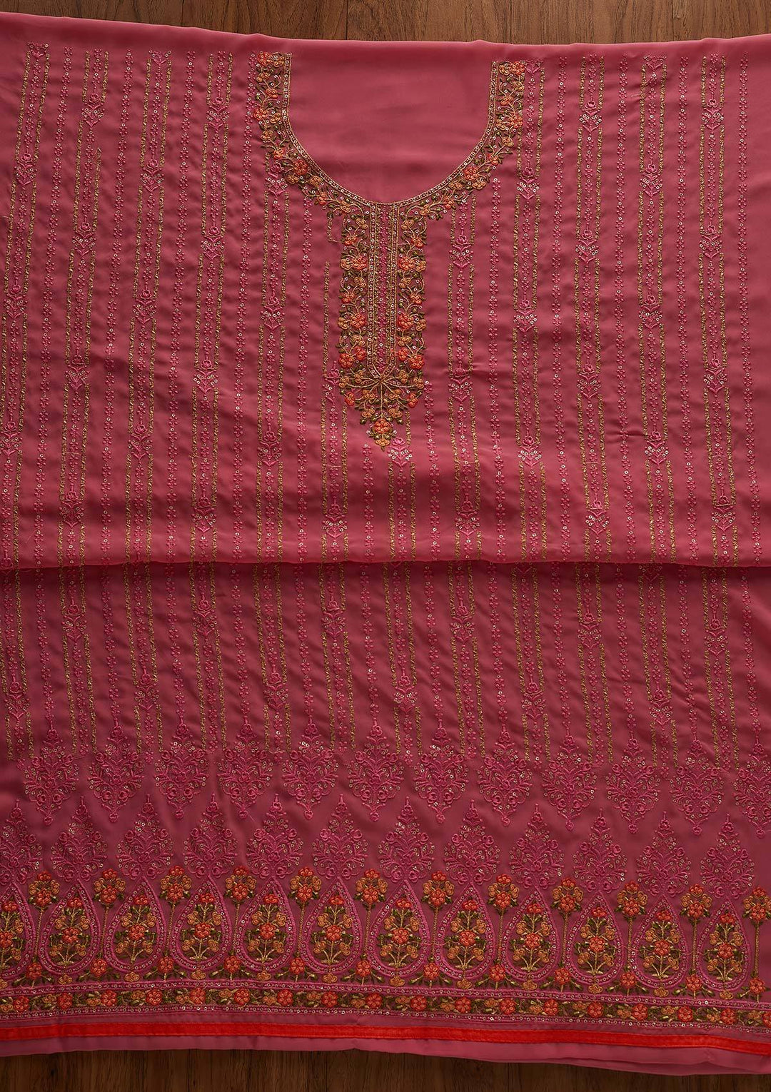 Pink Threadwork Georgette Designer Unstitched Salwar Suit - Koskii