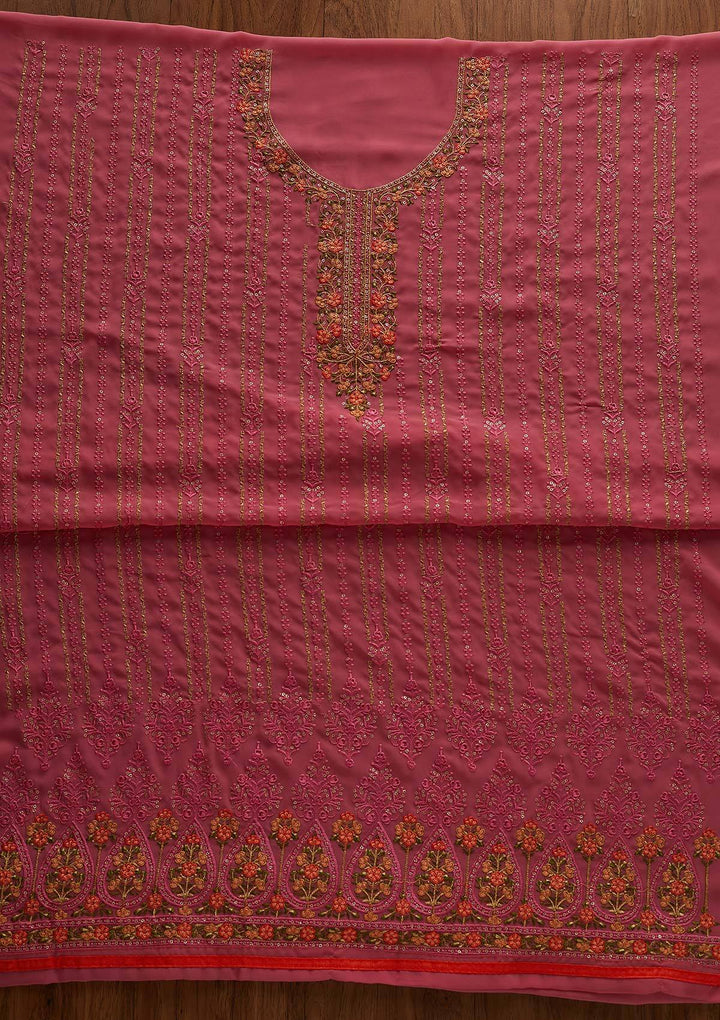 Pink Threadwork Georgette Designer Unstitched Salwar Suit - Koskii