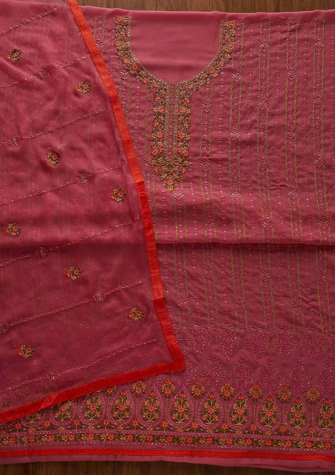 Pink Threadwork Georgette Designer Unstitched Salwar Suit - Koskii