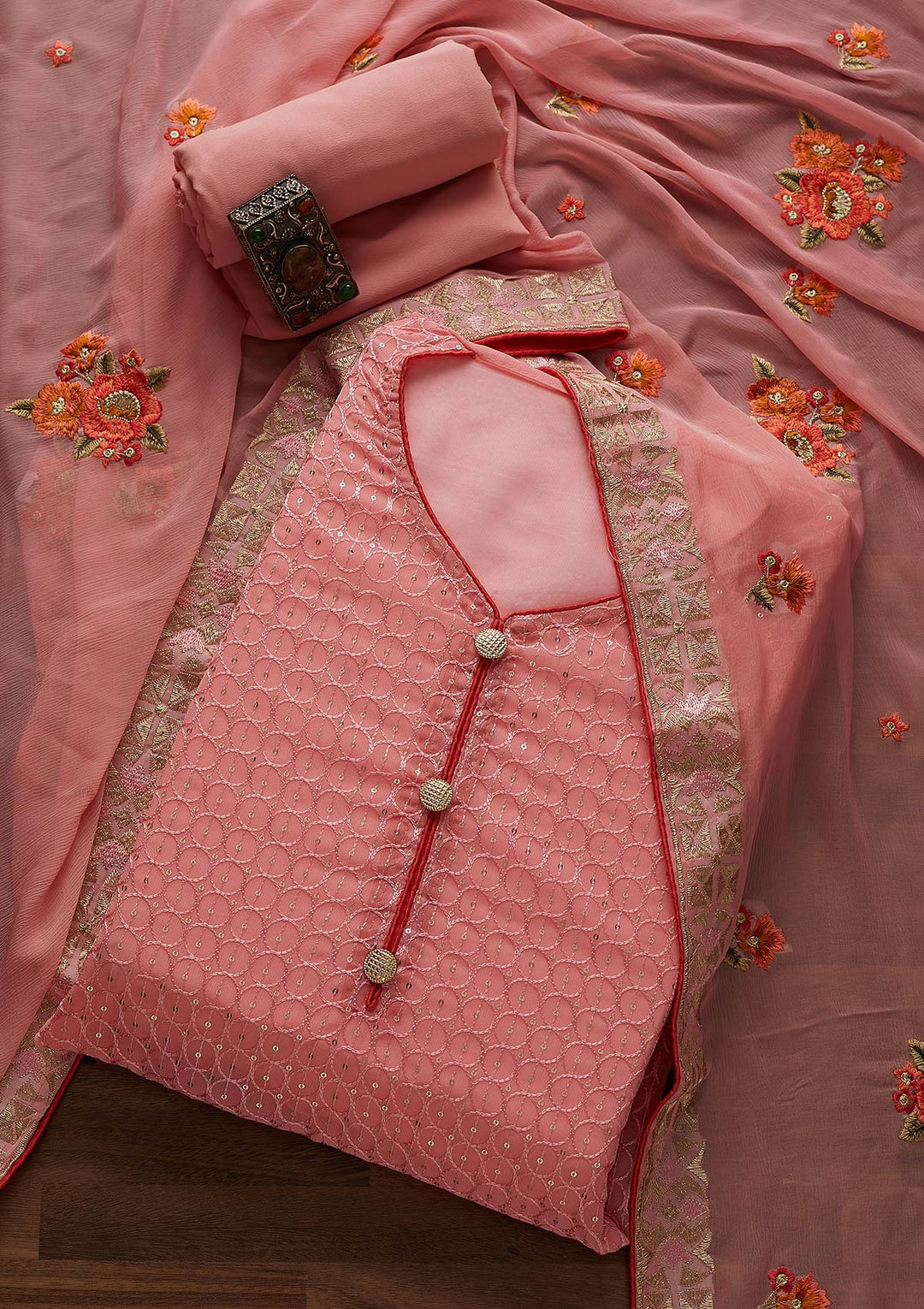 Pink Threadwork Georgette Designer Unstitched Salwar Suit - Koskii