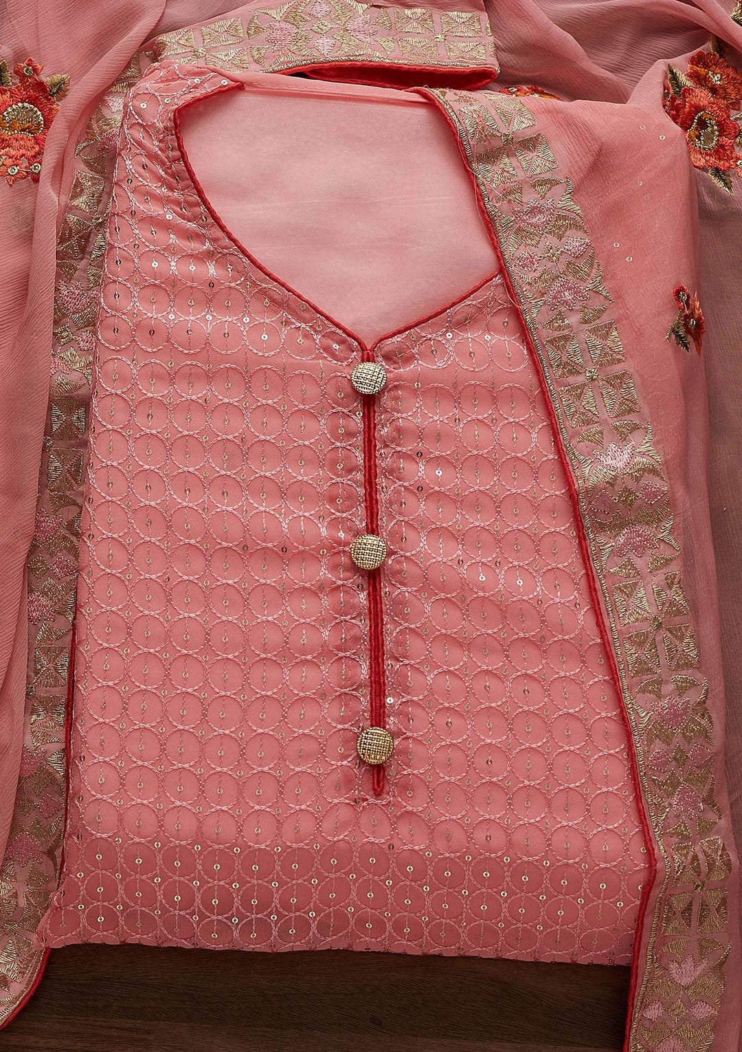 Pink Threadwork Georgette Designer Unstitched Salwar Suit - Koskii