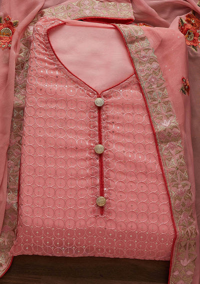 Pink Threadwork Georgette Designer Unstitched Salwar Suit - Koskii