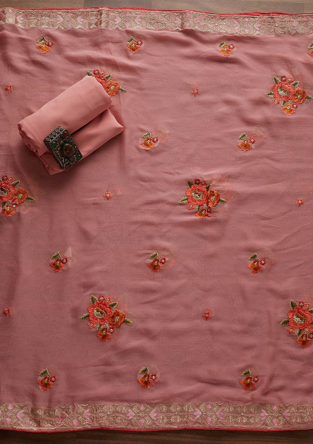 Pink Threadwork Georgette Designer Unstitched Salwar Suit - Koskii