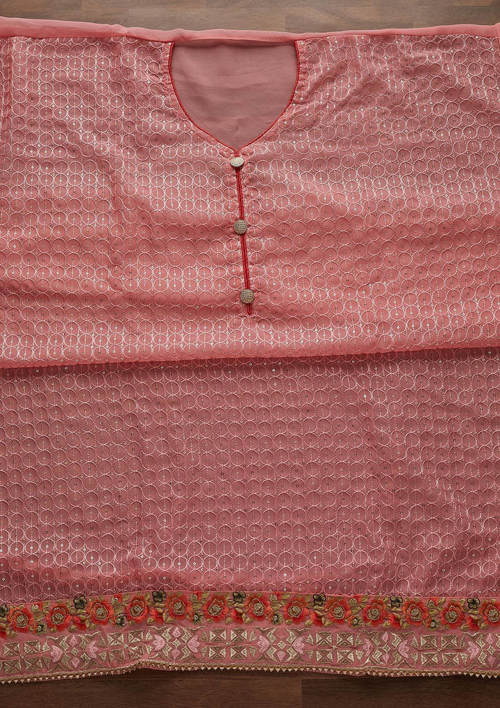 Pink Threadwork Georgette Designer Unstitched Salwar Suit - Koskii