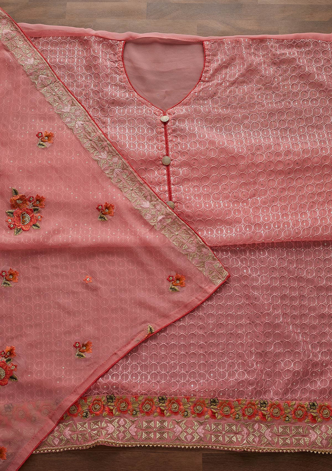 Pink Threadwork Georgette Designer Unstitched Salwar Suit - Koskii