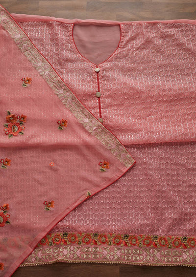 Pink Threadwork Georgette Designer Unstitched Salwar Suit - Koskii