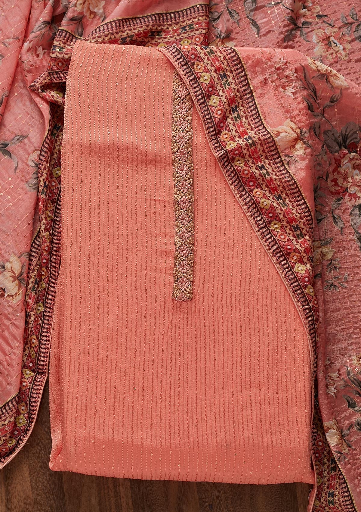 Pink Threadwork Georgette Designer Unstitched Salwar Suit - Koskii
