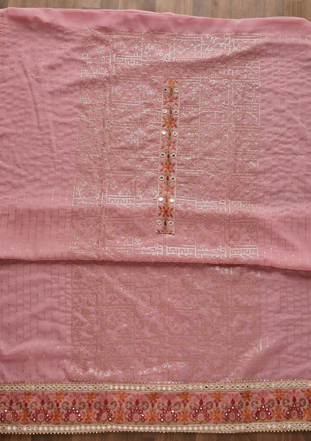 Pink Threadwork Georgette  Unstitched Salwar Suit - Koskii