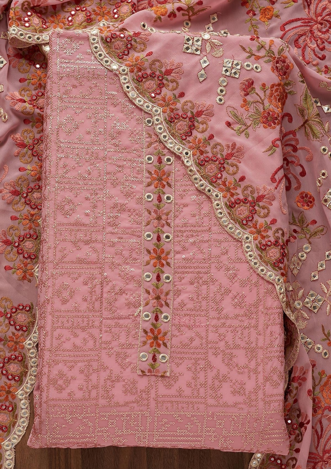 Pink Threadwork Georgette  Unstitched Salwar Suit - Koskii