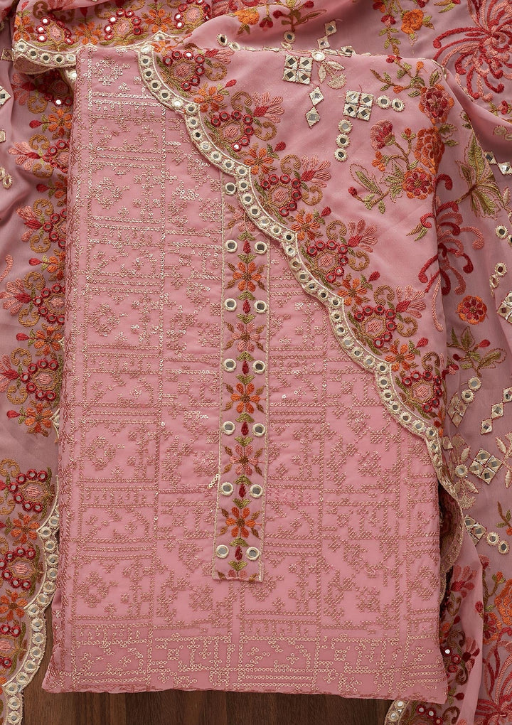 Pink Threadwork Georgette  Unstitched Salwar Suit - Koskii