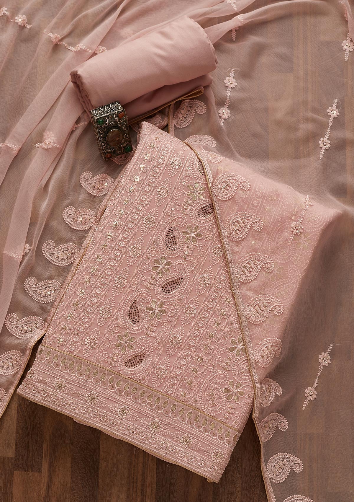 Pink Threadwork Georgette  Unstitched Salwar Suit- Koskii
