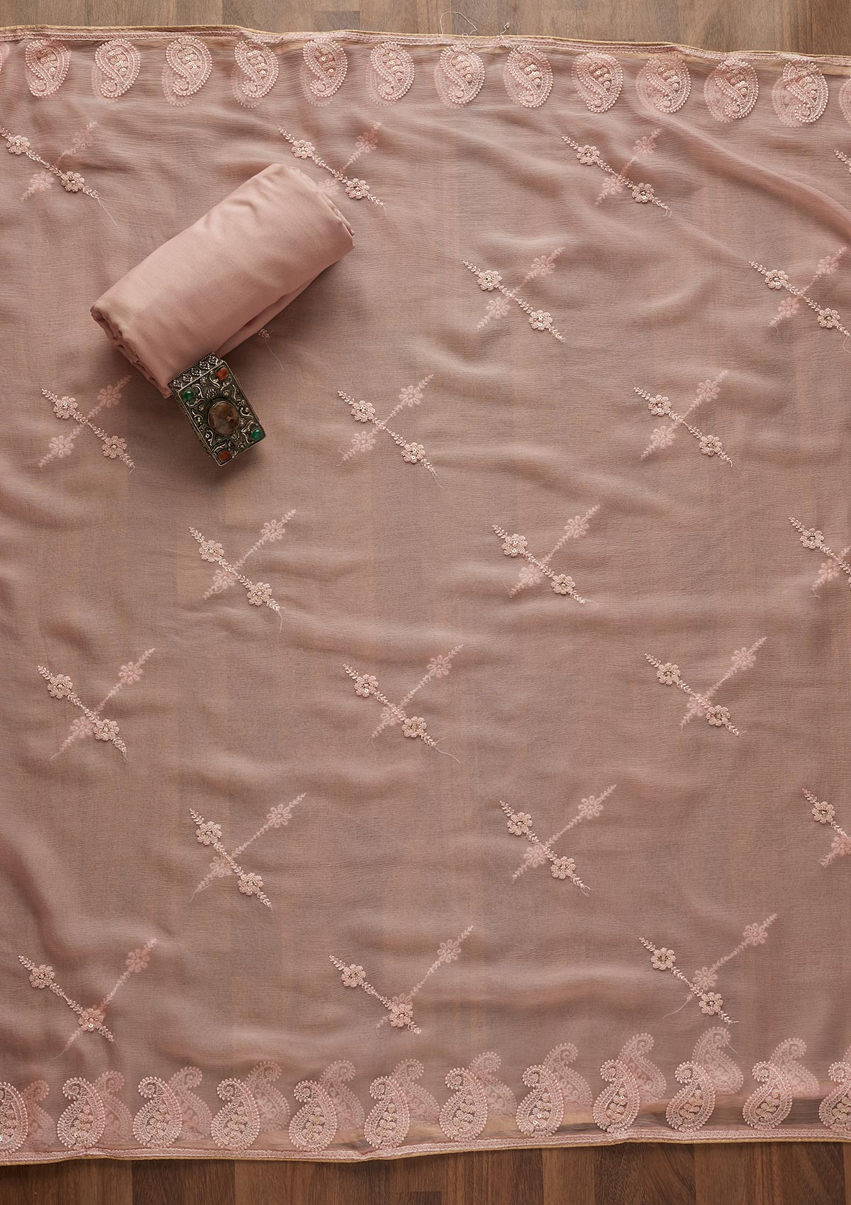 Pink Threadwork Georgette  Unstitched Salwar Suit - Koskii