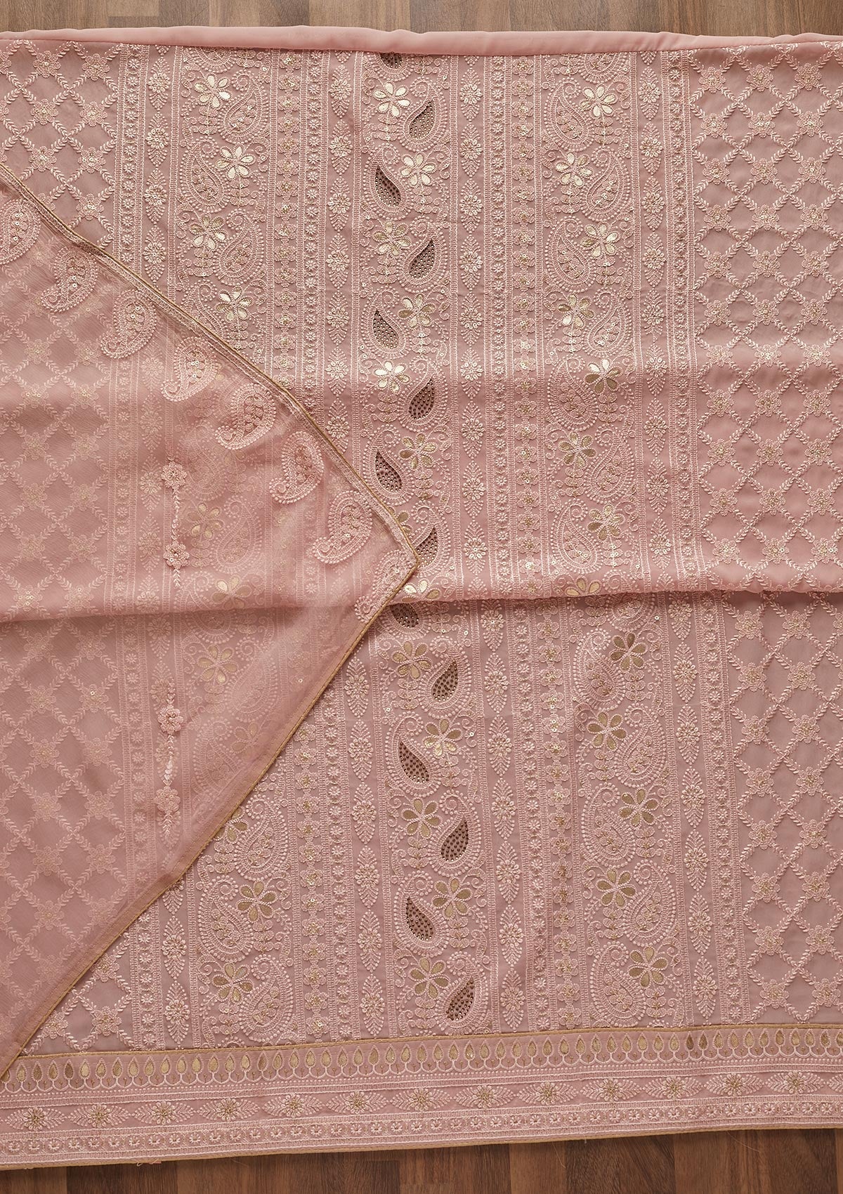 Pink Threadwork Georgette  Unstitched Salwar Suit - Koskii