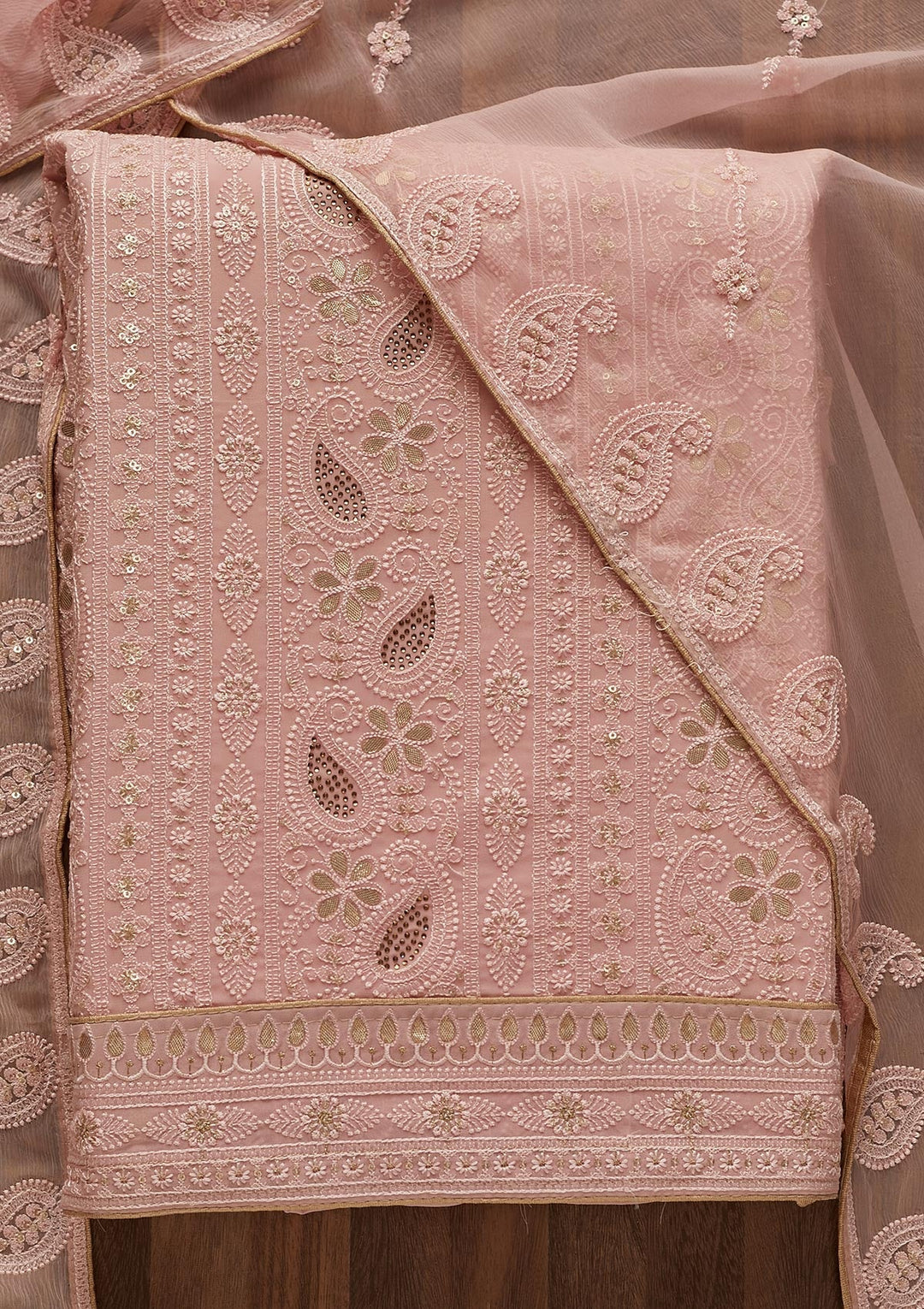 Pink Threadwork Georgette  Unstitched Salwar Suit - Koskii