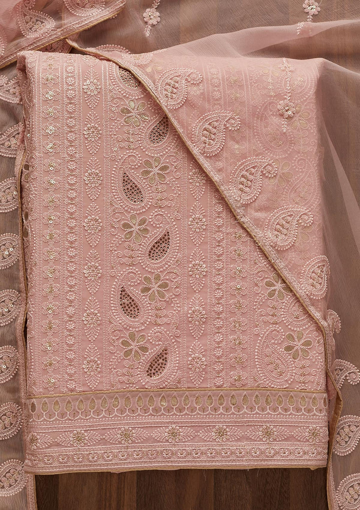 Pink Threadwork Georgette  Unstitched Salwar Suit - Koskii