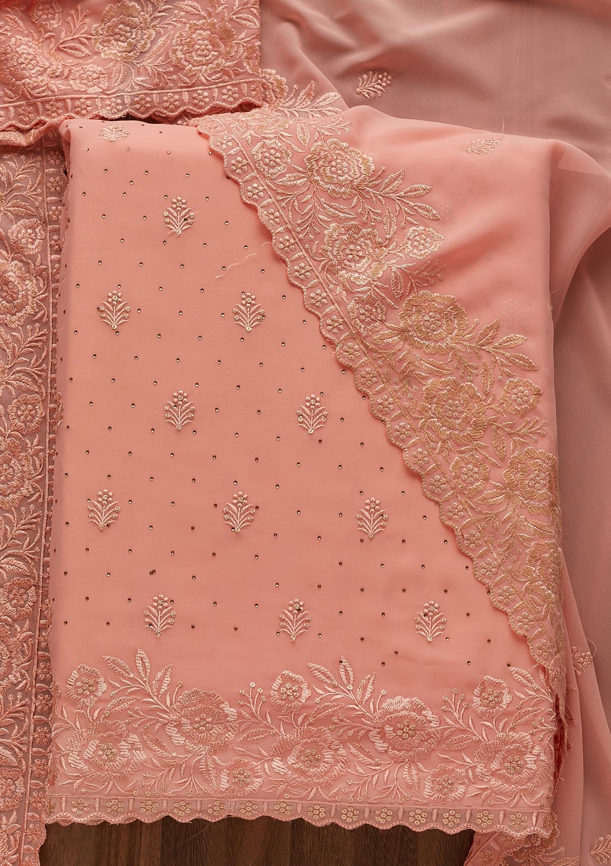 Pink Threadwork Georgette  Unstitched Salwar Suit - Koskii