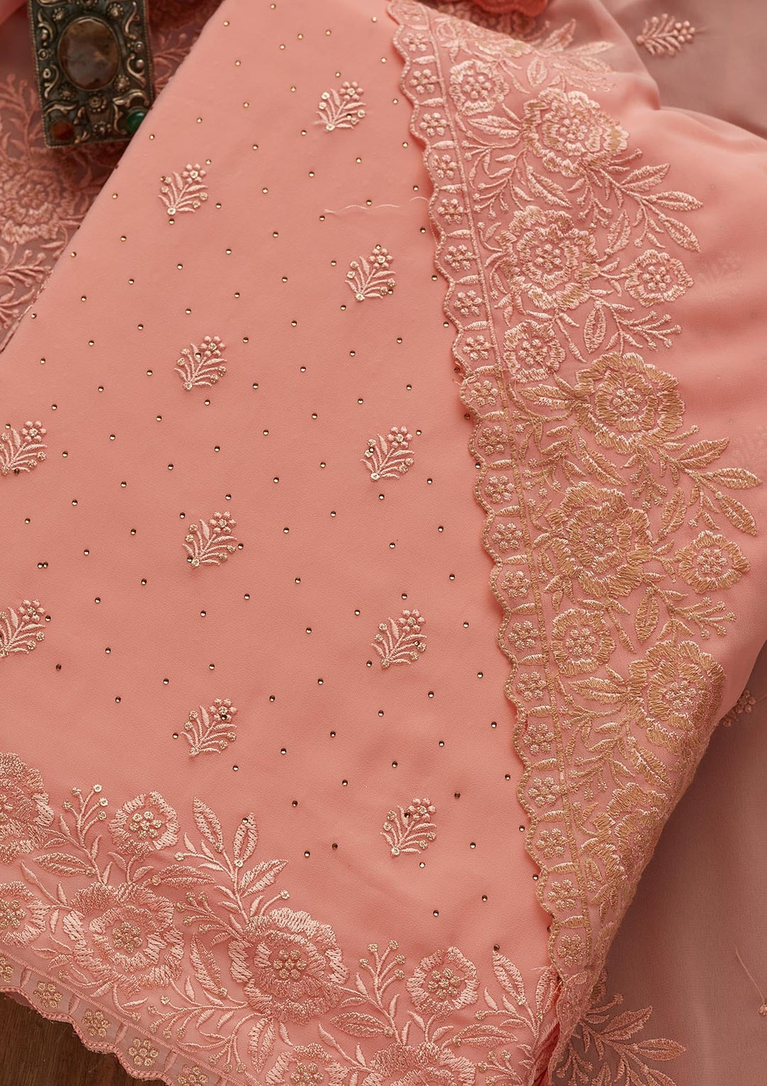 Pink Threadwork Georgette  Unstitched Salwar Suit - Koskii