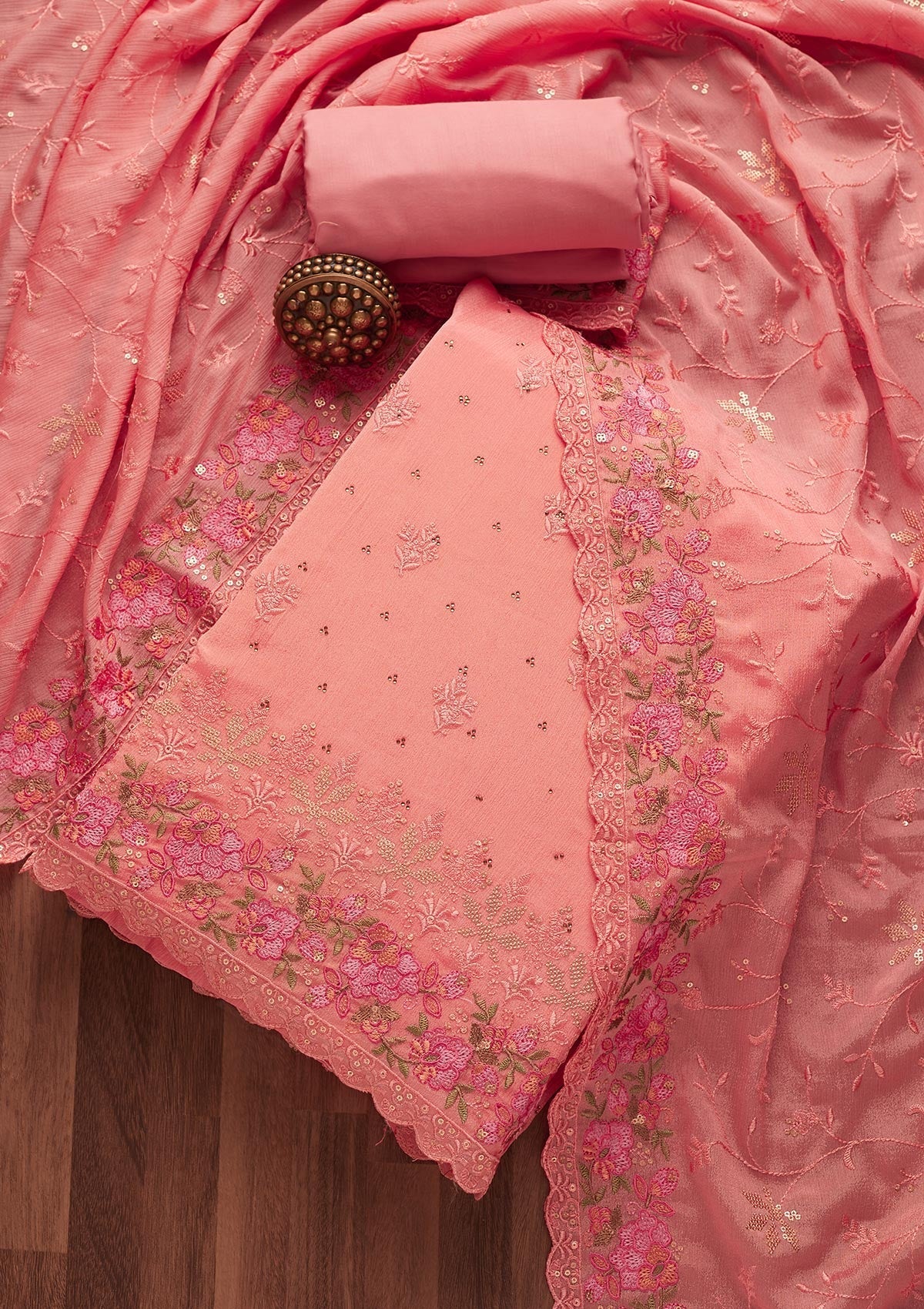Pink Threadwork Georgette Unstitched Salwar Suit-Koskii