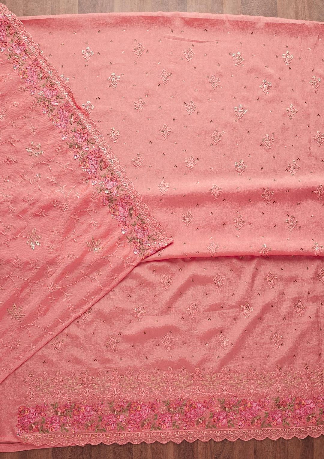 Pink Threadwork Georgette Unstitched Salwar Suit-Koskii