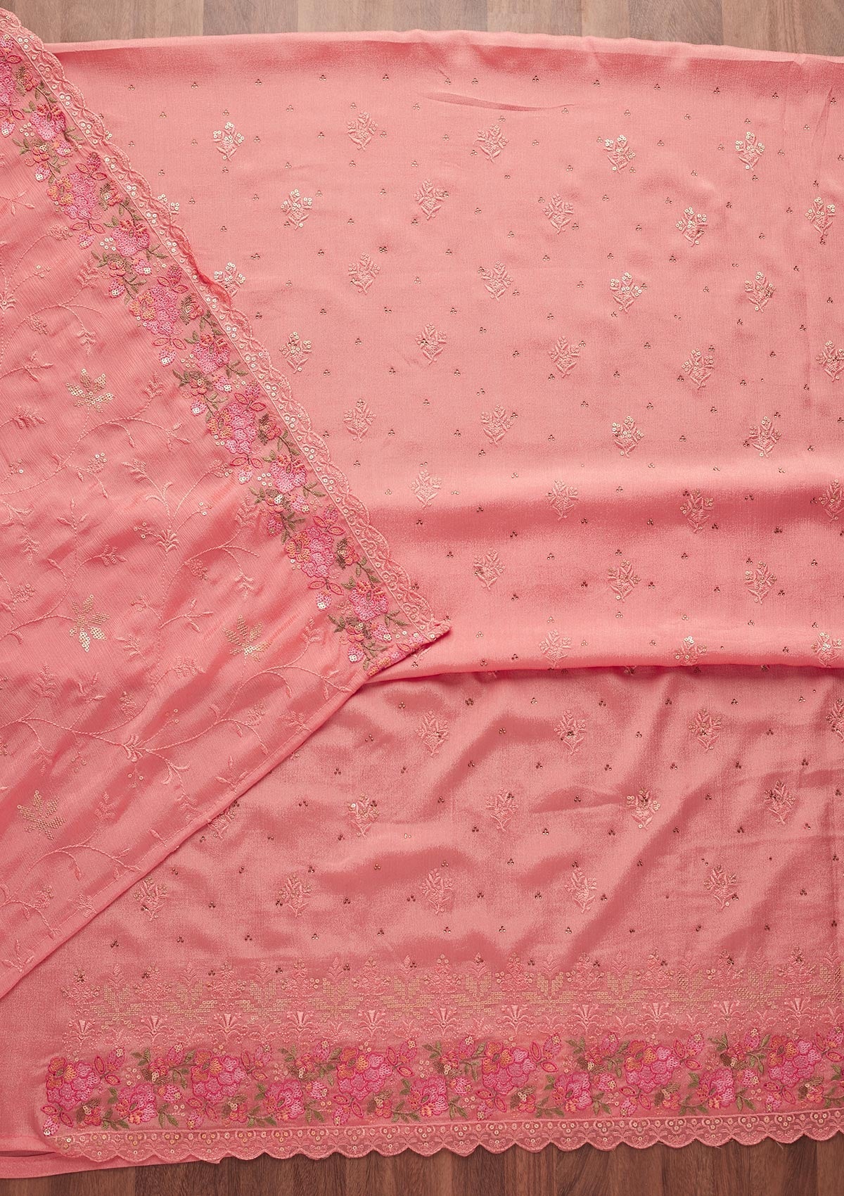 Pink Threadwork Georgette Unstitched Salwar Suit-Koskii