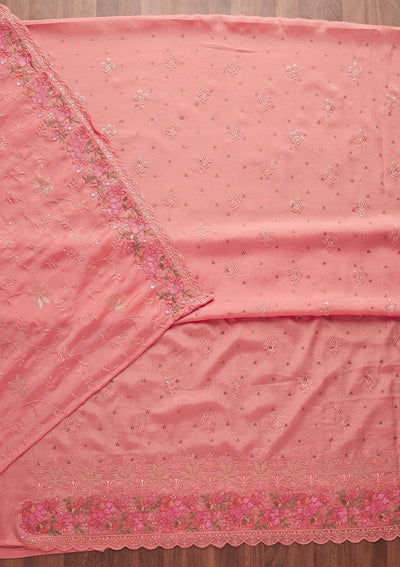 Pink Threadwork Georgette Unstitched Salwar Suit-Koskii