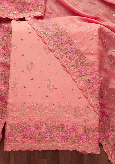 Pink Threadwork Georgette Unstitched Salwar Suit-Koskii