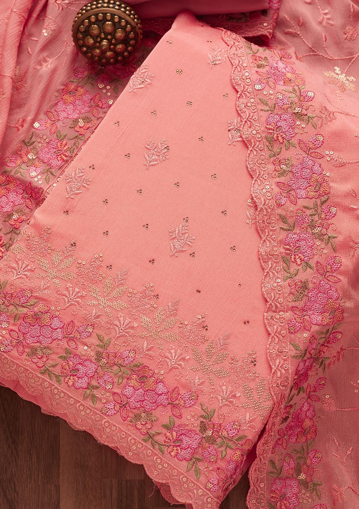 Pink Threadwork Georgette Unstitched Salwar Suit-Koskii